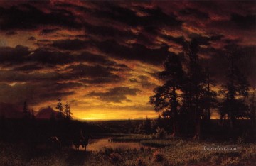 150の主題の芸術作品 Painting - 草原の夕べ アルバート・ビアシュタット